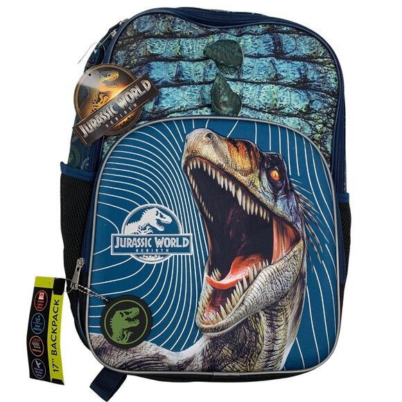 Jurassic World 17" Backpack Padded Laptop Sleeve Water-Resistant Blue Dinosaur - Picture 1 of 10